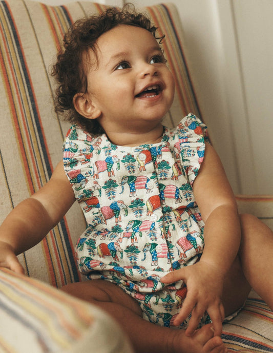 Boden Baby Short Frill Bubble Romper-Multi Elephant Woodblock