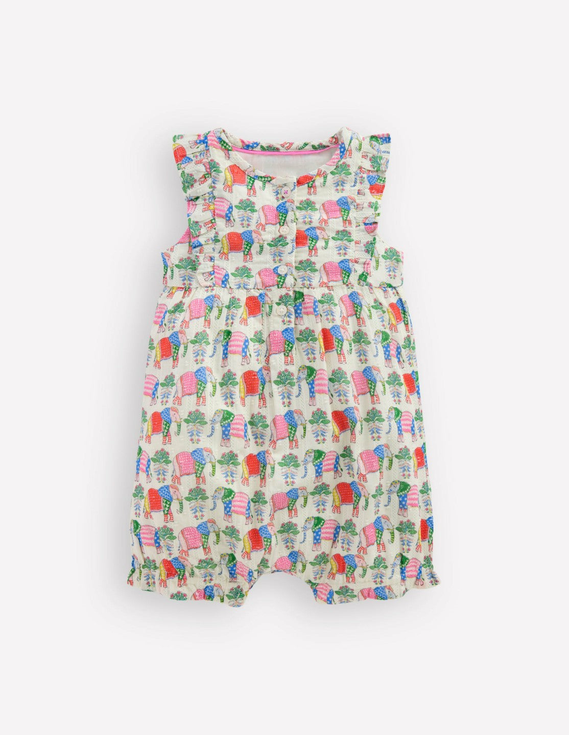 Boden Baby Short Frill Bubble Romper-Multi Elephant Woodblock