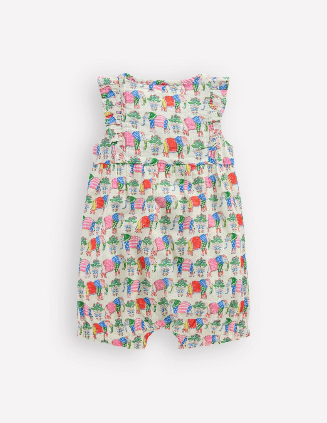 Boden Baby Short Frill Bubble Romper-Multi Elephant Woodblock