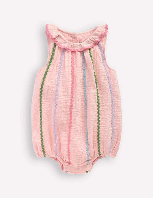 Boden Baby Double Cloth Bubble Romper-Chalk Pink Multi Ric Rac