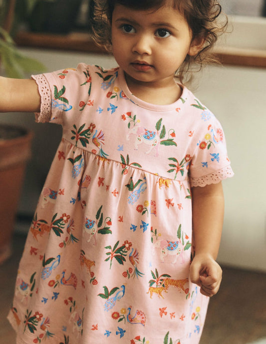 Boden Baby Broderie Trim Jersey Dress-Pink Tropical Animals