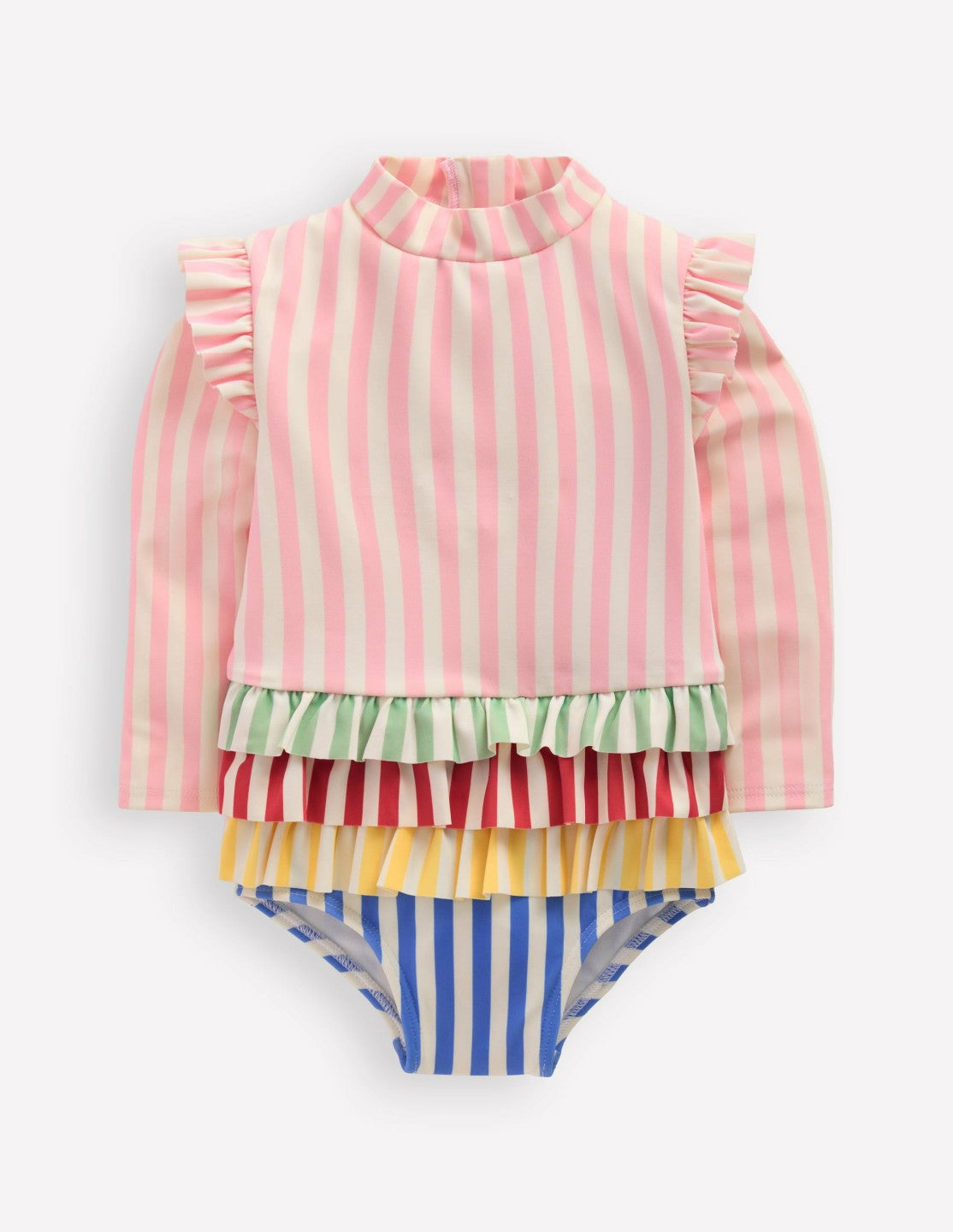 Boden Baby Long Sleeve Frill Swimsuit-Hotchpotch Stripe