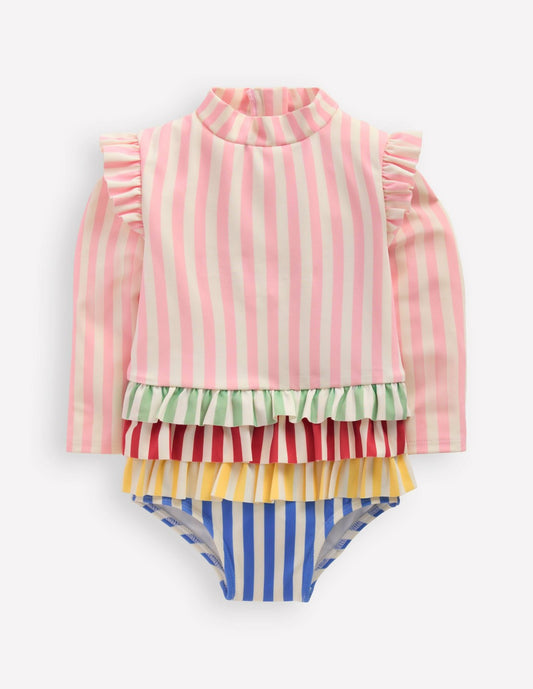 Boden Baby Long Sleeve Frill Swimsuit-Hotchpotch Stripe