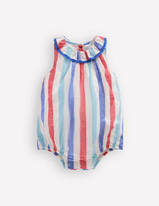 Boden Baby Frill Neck Bubble Romper-Red and Blue Multi Stripe