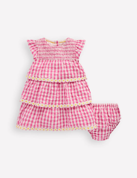 Boden Baby Tiered Woven Dress-Pink Gingham Daisies