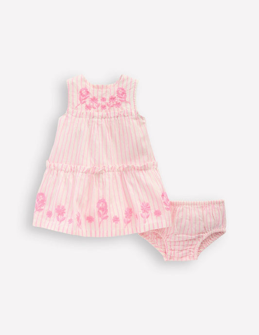 Boden Baby Tiered Ruffle Dress-Pink Embroidered Stripe