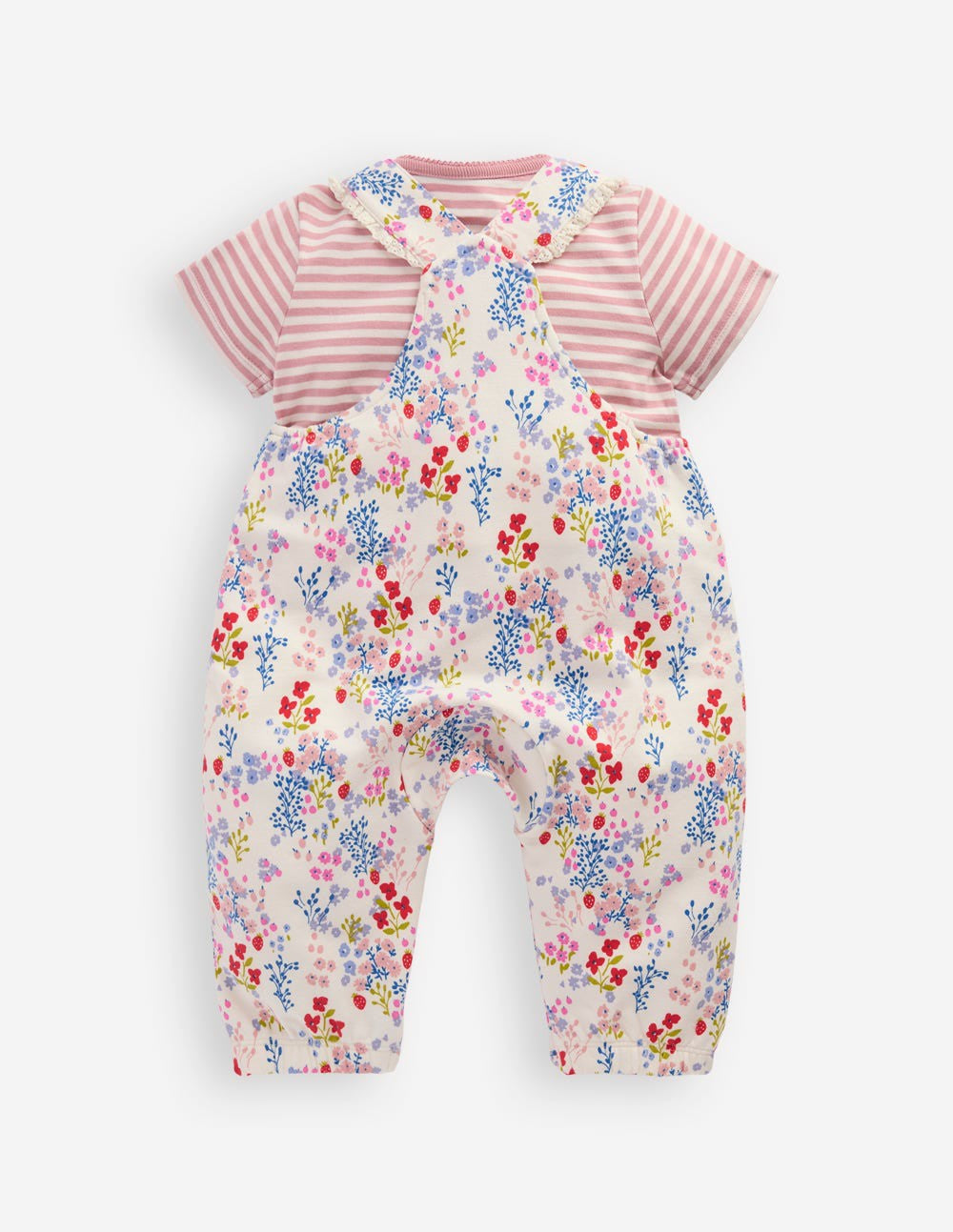 Boden Baby Short Sleeve Jersey Overalls-Ivory Ditsy Meadow
