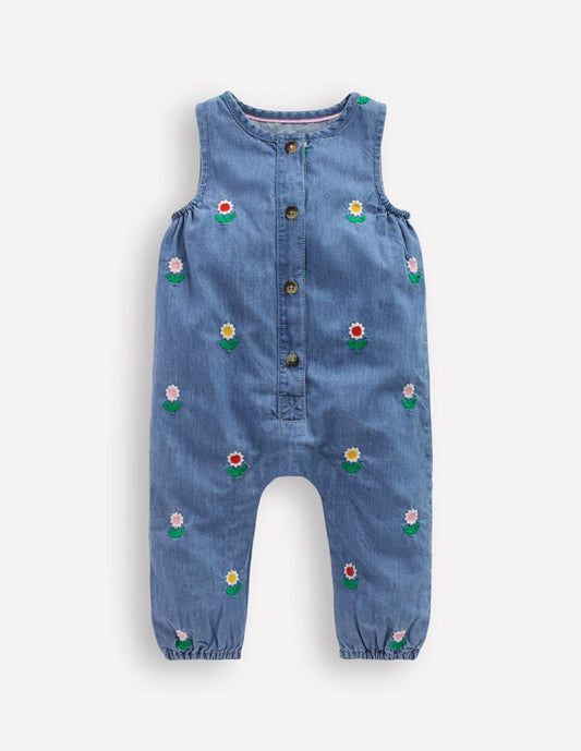 Boden Baby Embroidered Chambray Romper-Floral Embroidered Chambray