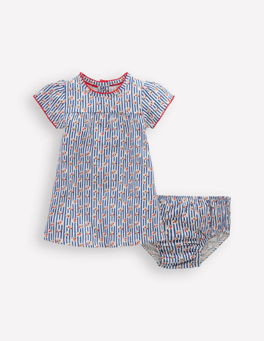 Boden Baby Gathered Jersey Dress-Bluejay Cherry Stripe