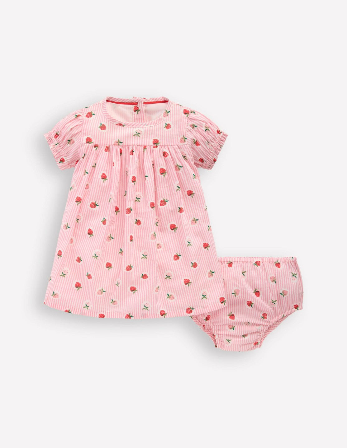 Boden Baby Gathered Woven Dress-Pink Strawberry Stripe