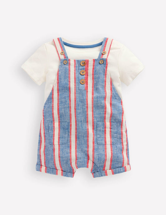 Boden Baby Short Woven Overalls Set-Blue and Red Stripe