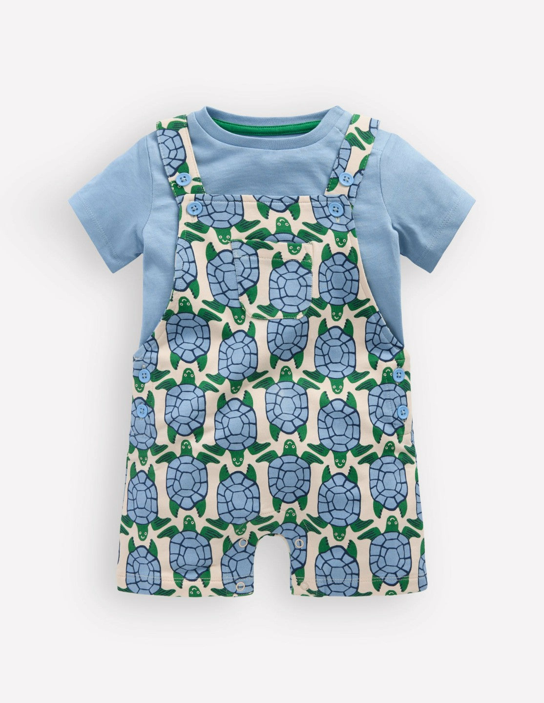 Boden Baby Jersey Short Dungaree Set-Blue Geo Turtles