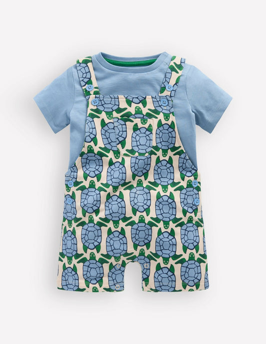 Boden Baby Jersey Short Dungaree Set-Blue Geo Turtles