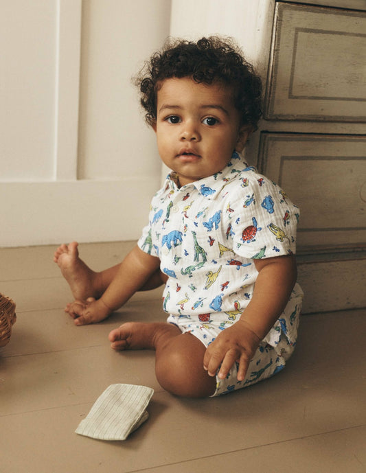 Boden Baby Woven Shirt Play Set-Ivory Multi Jungle Animals