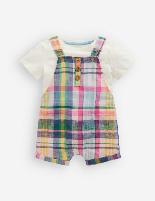 Boden Baby Short Woven Overalls Set-Madras Check