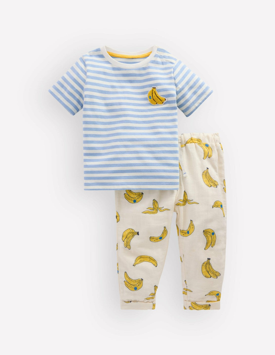 Boden Baby Logo Jersey Woven Play Set-Ivory and Blue Stripe Bananas