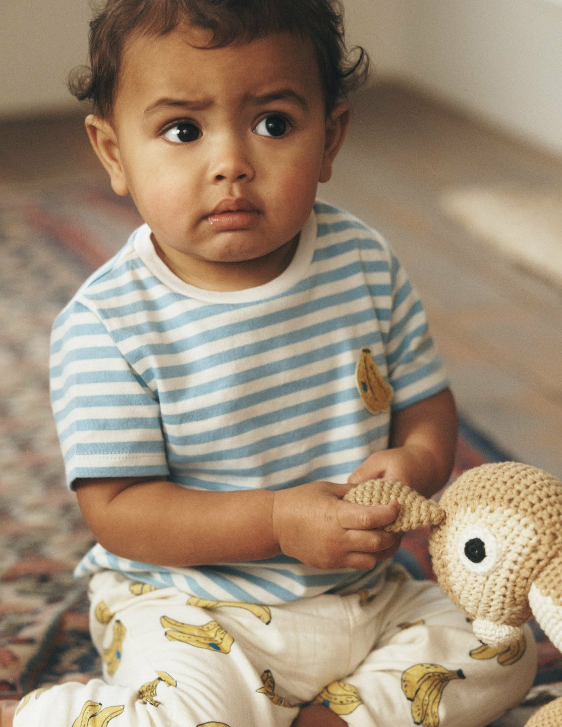 Boden Baby Logo Jersey Woven Play Set-Ivory and Blue Stripe Bananas