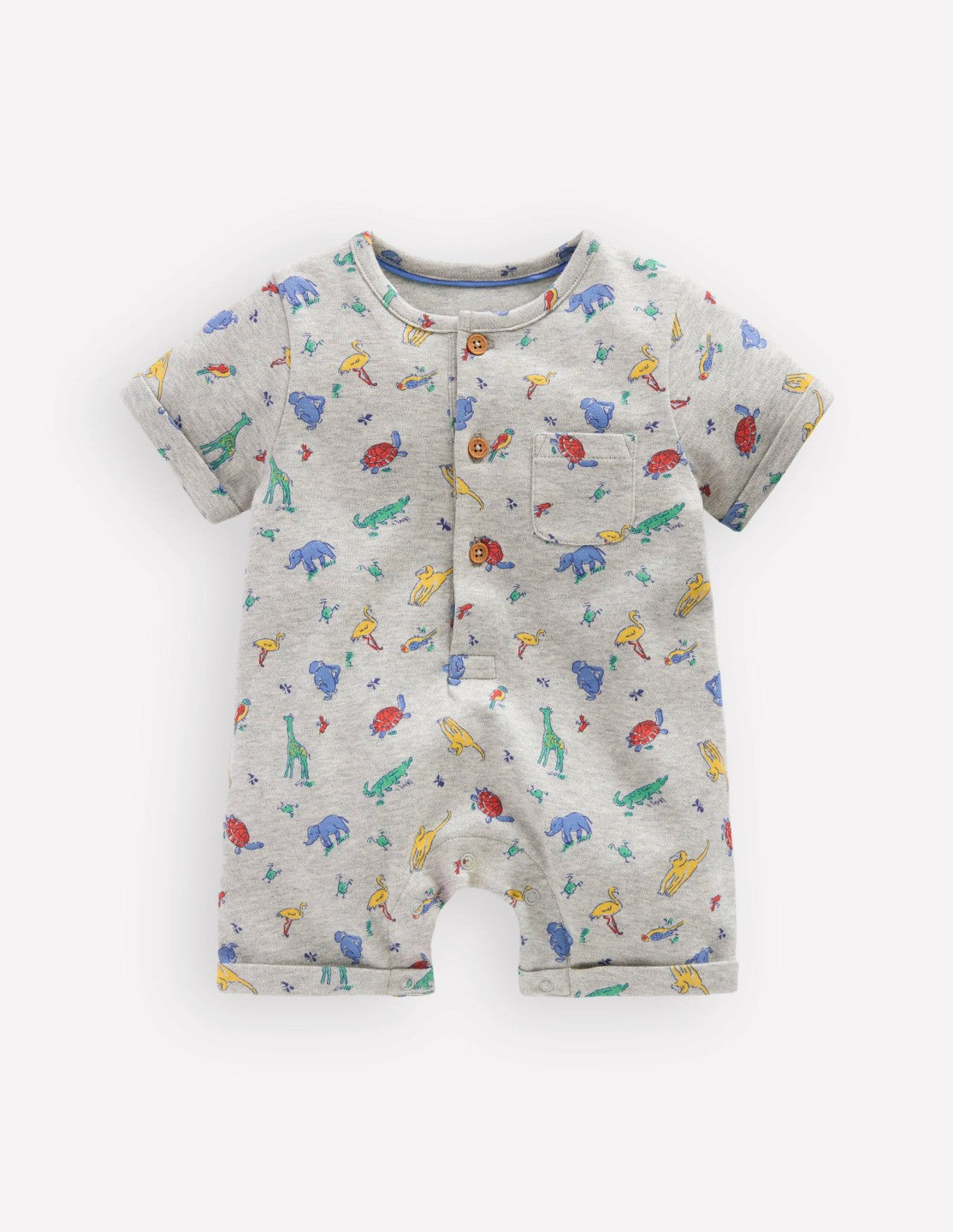 Boden Baby Short Sleeve Jersey Romper-Grey Marl Jungle Animals