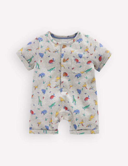 Boden Baby Short Sleeve Jersey Romper-Grey Marl Jungle Animals