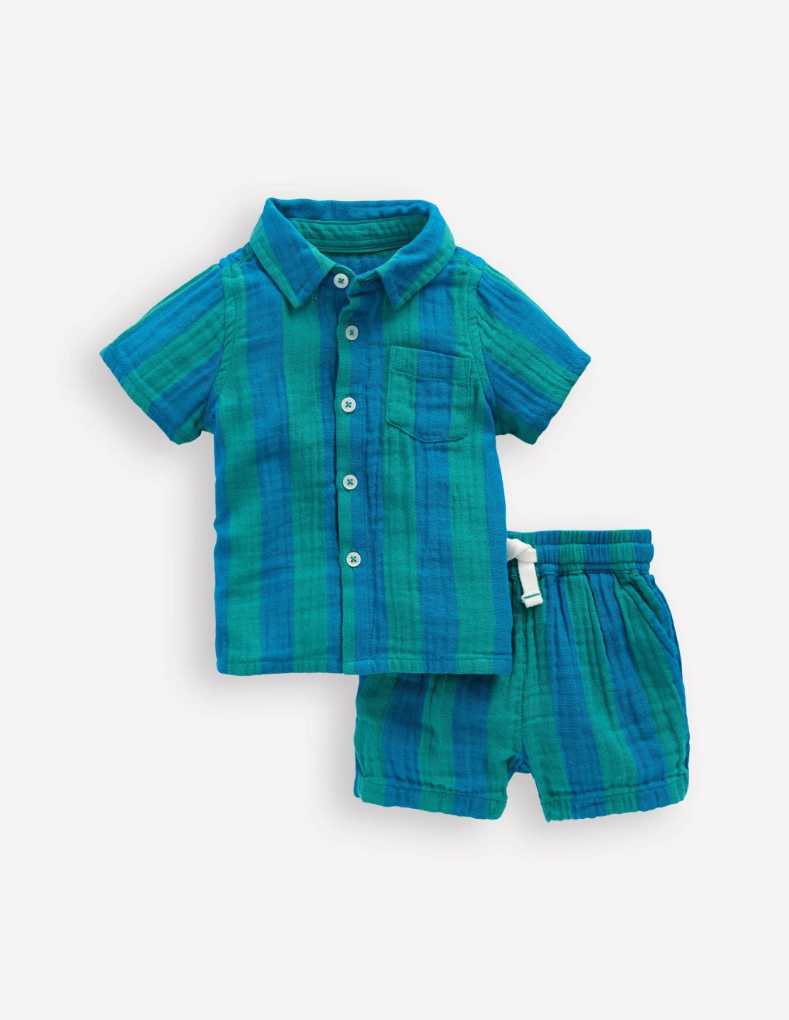 Boden Baby Woven Shirt Play Set-Blue and Green Stripe