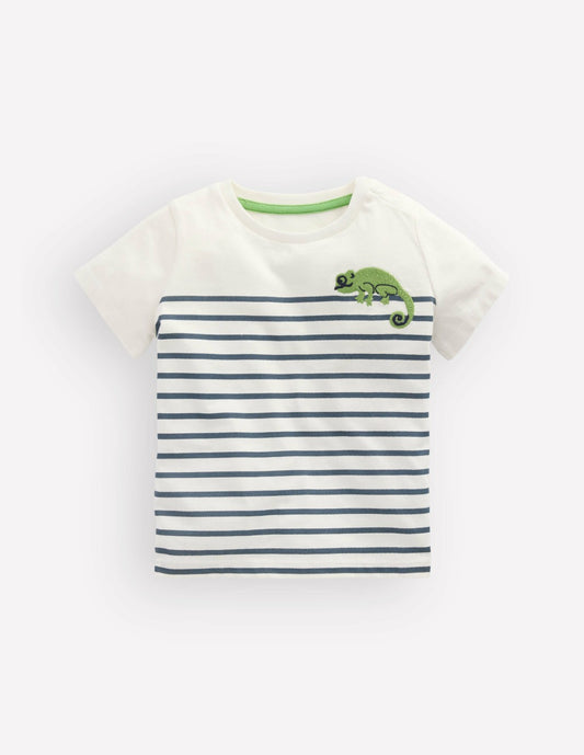 Boden Baby Boys Embroidered T-Shirt-Blue Stripe Chameleon