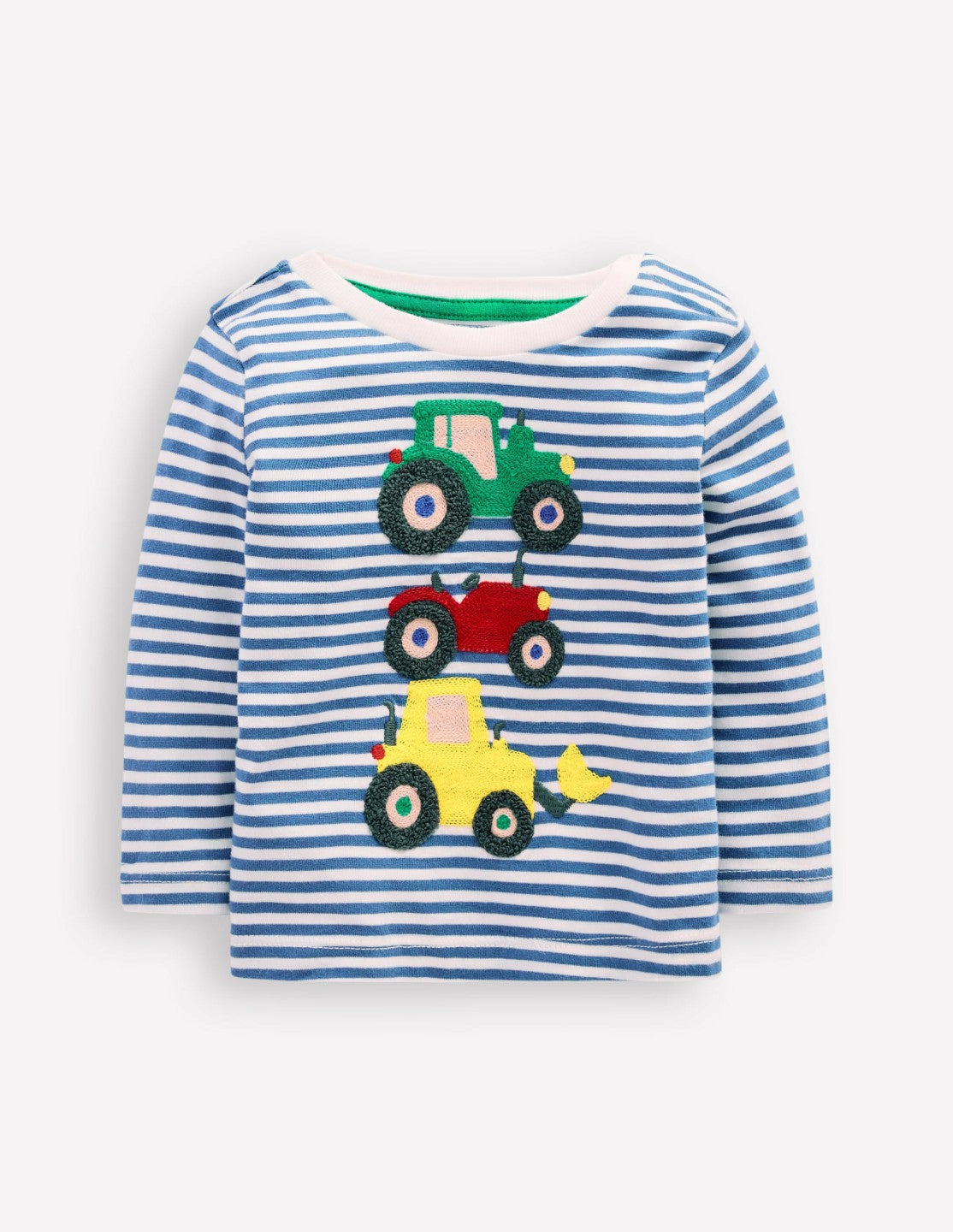 Boden Baby Long Sleeve Appliqué T-Shirt-Blue Stripe Tractors