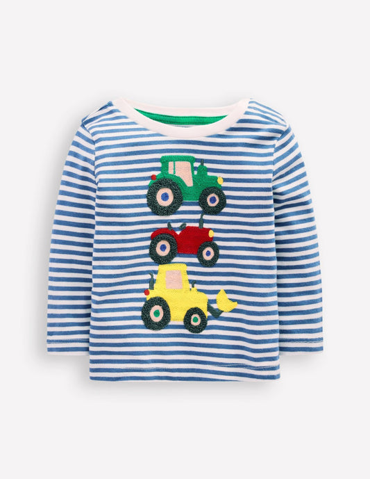 Boden Baby Long Sleeve Appliqué T-Shirt-Blue Stripe Tractors