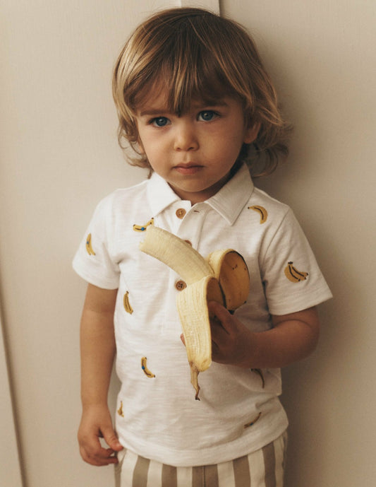 Boden Baby Embroidered Polo-Ivory Bananas