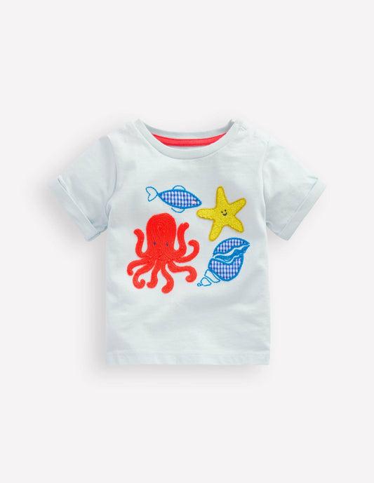 Boden Baby Short Sleeve Logo T-shirt-Light Blue Ocean Motifs