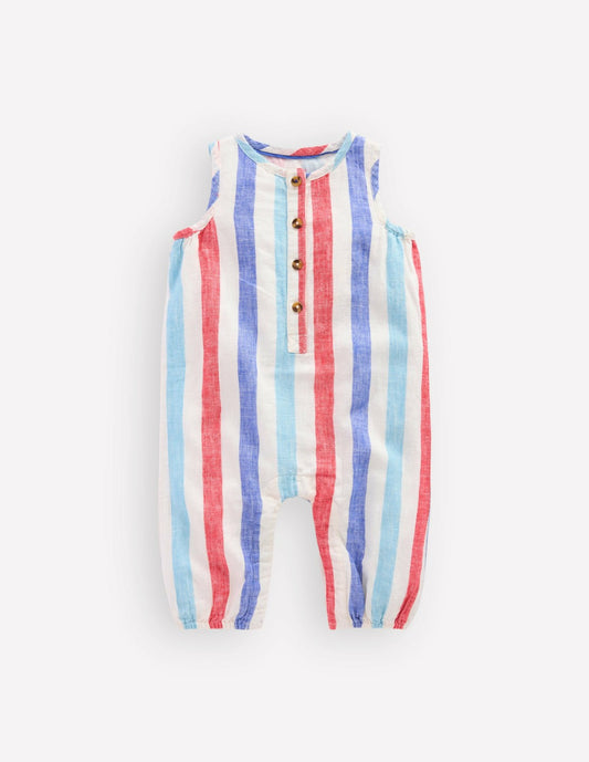 Boden Baby Button Down Romper-Red and Blue Multi Stripe