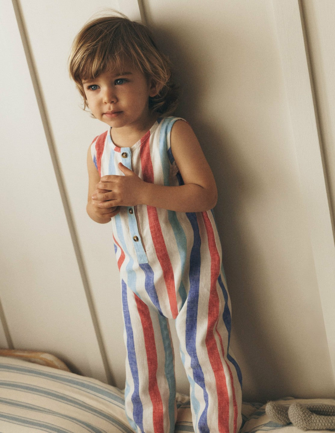 Boden Baby Button Down Romper-Red and Blue Multi Stripe