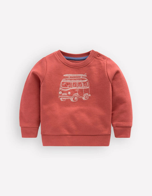 Boden Baby Chain Stitch Sweatshirt-Jam Red Campervan