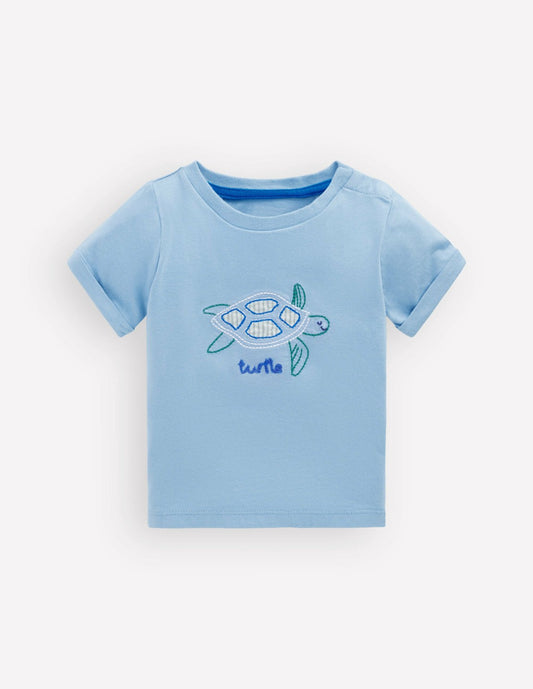 Boden Baby Short Sleeve Logo T-shirt-Blue Turtle Chain Stitch