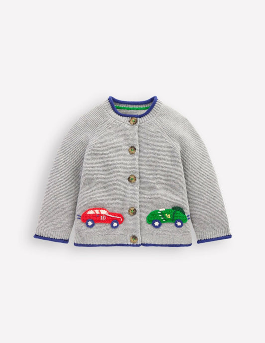 Boden Baby Novelty Logo Cardigan-Grey Marl Cars