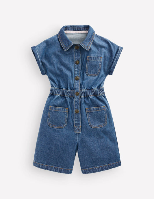 Boden Baby|Girls Embroidered Playsuit-Mid Vintage Embroidered Denim