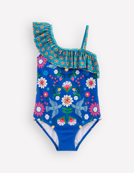 Boden Baby|Girls Lila One Shoulder Swimsuit-Kingfisher Blue Bird Floral