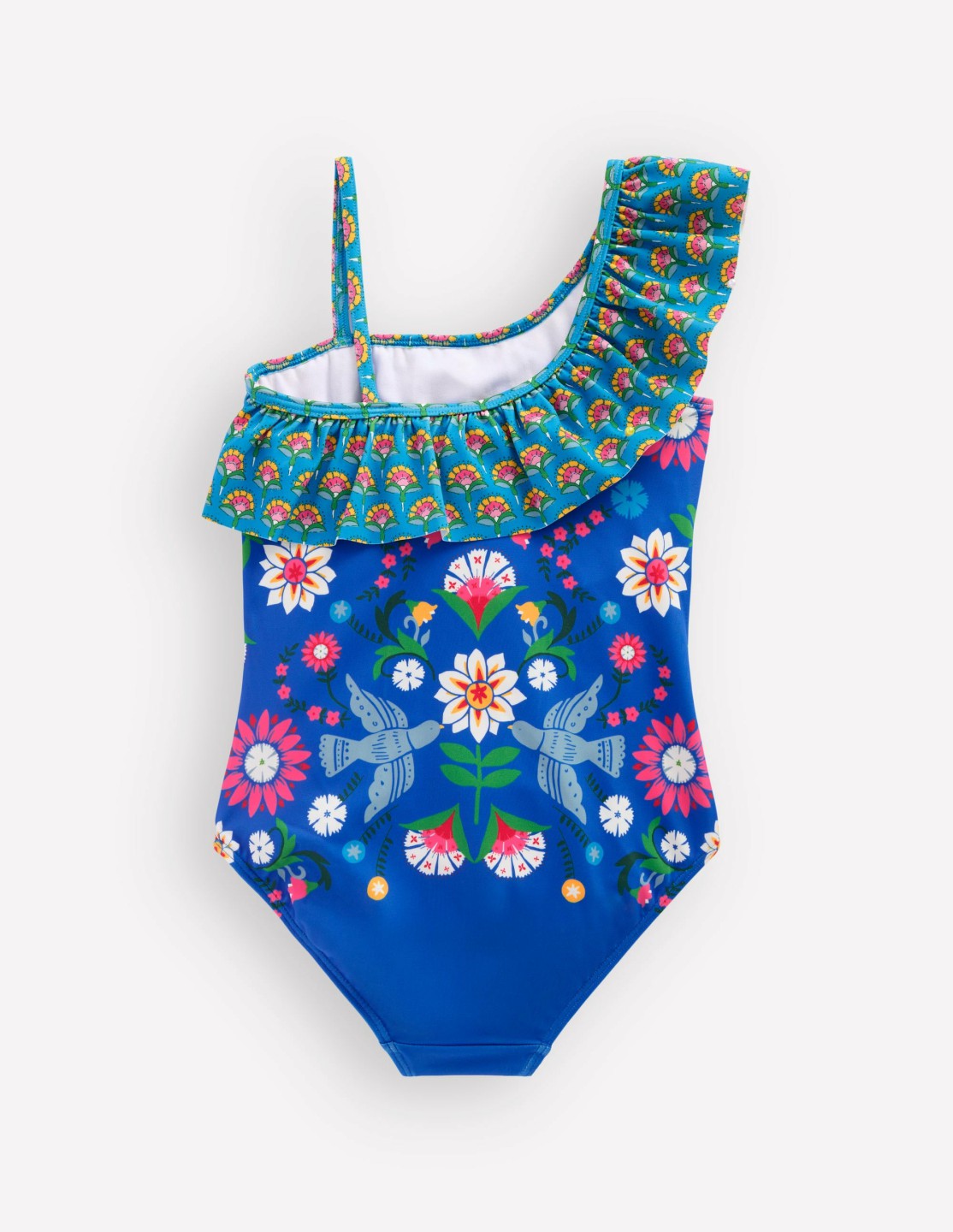 Boden Baby|Girls Lila One Shoulder Swimsuit-Kingfisher Blue Bird Floral