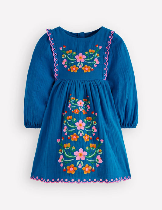 Boden Baby|Girls Embroidered Woven Dress-Kingfisher Blue