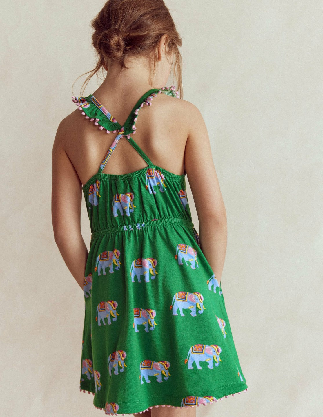 Boden Baby|Girls Ruffle Neck Trim Dress-Highland Green Elephants