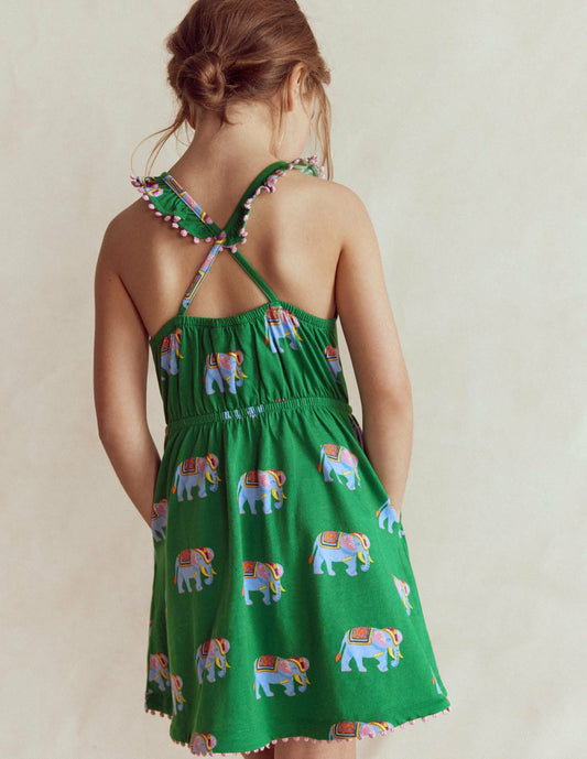 Boden Baby|Girls Ruffle Neck Trim Dress-Highland Green Elephants