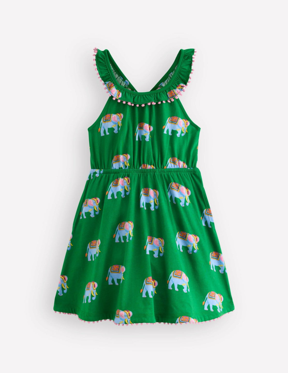 Boden Baby|Girls Ruffle Neck Trim Dress-Highland Green Elephants