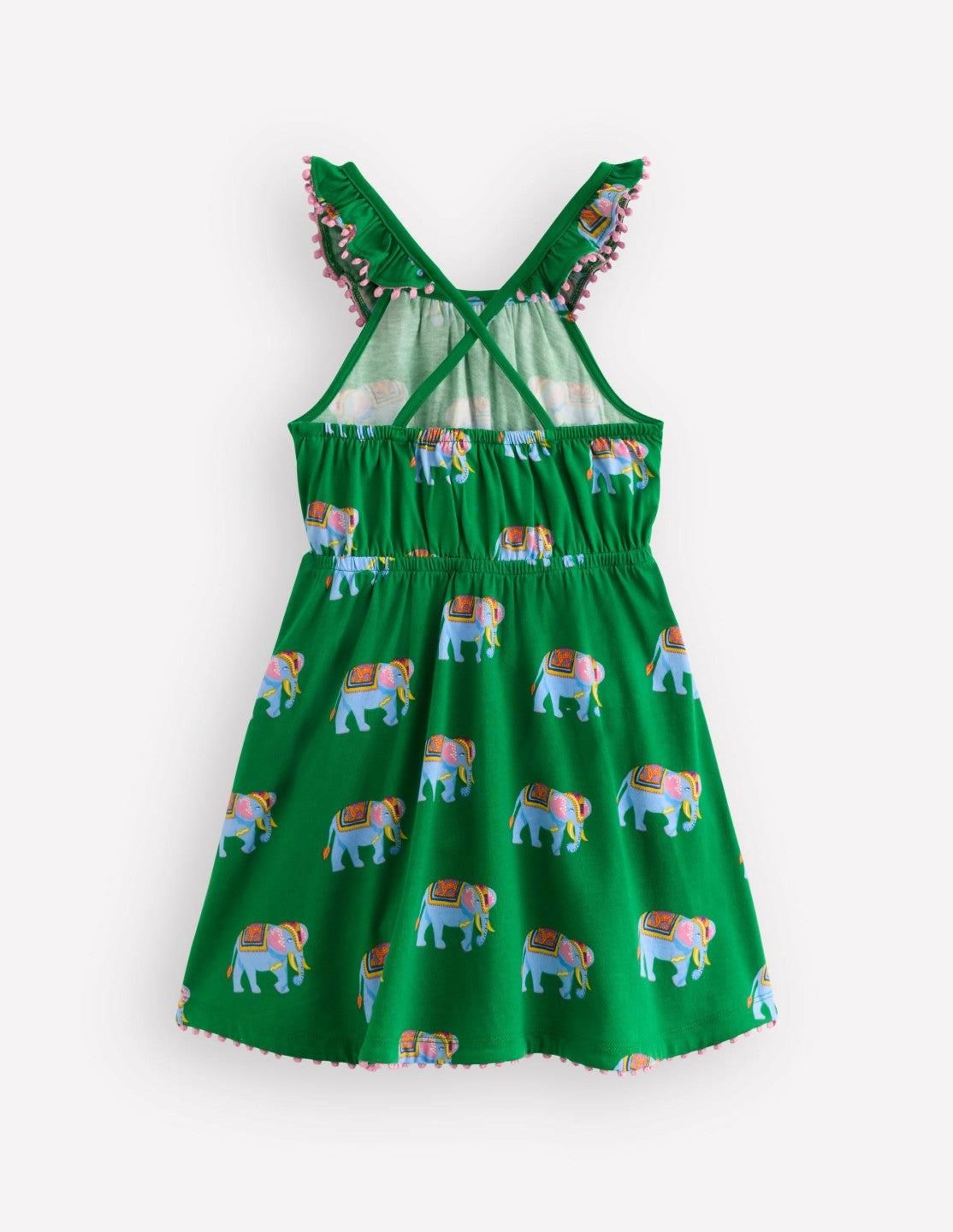 Boden Baby|Girls Ruffle Neck Trim Dress-Highland Green Elephants