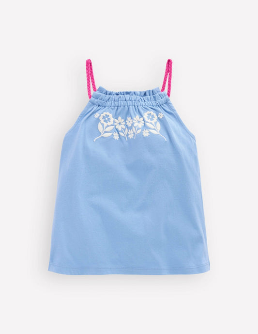 Boden Baby|Girls Plaited Strap Embroidered Tank-Forget Me Not Blue