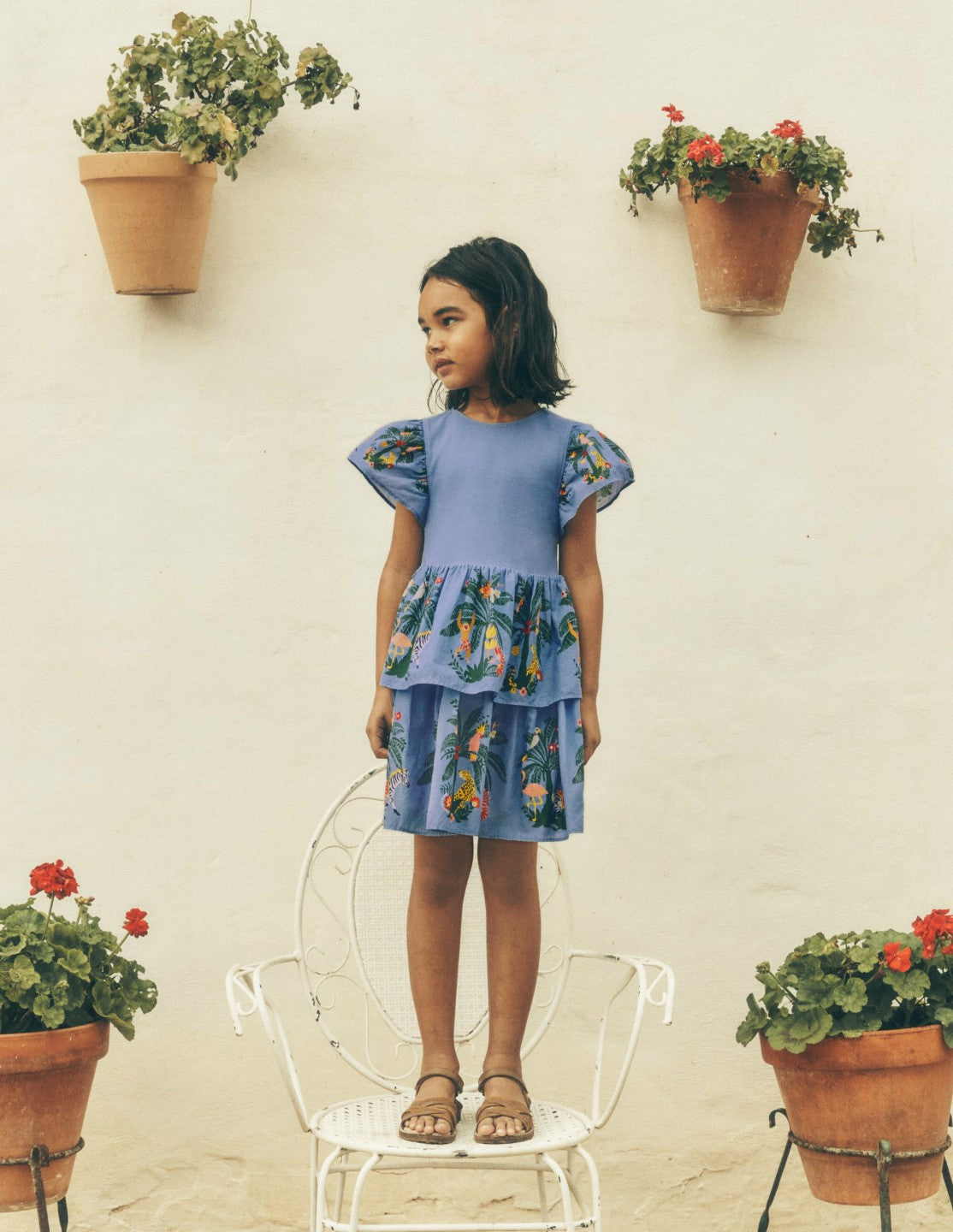 Boden Baby|Girls Woven Mix Twirly Dress-Azure Blue Jungle Trellis