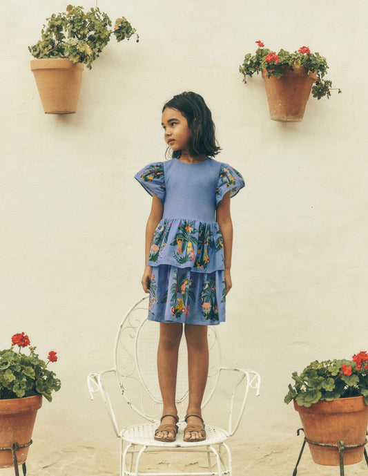 Boden Baby|Girls Woven Mix Twirly Dress-Azure Blue Jungle Trellis