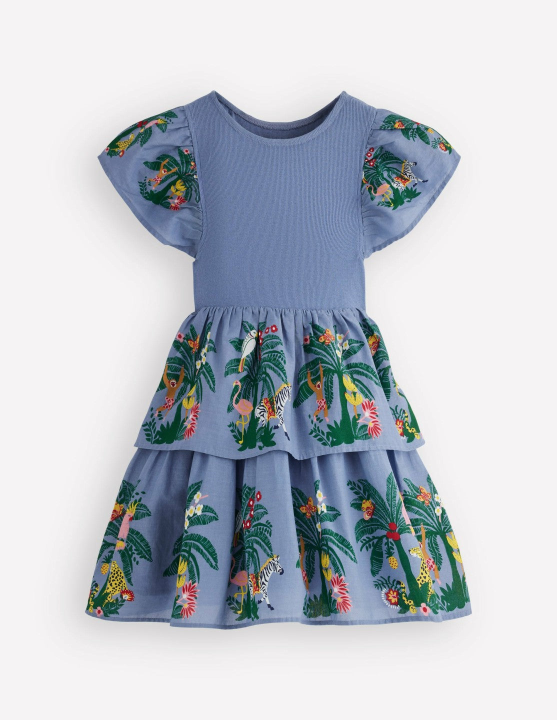 Boden Baby|Girls Woven Mix Twirly Dress-Azure Blue Jungle Trellis