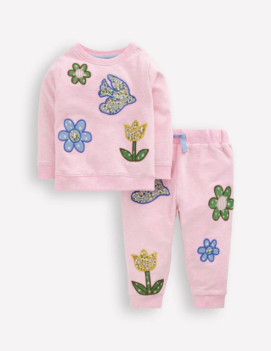 Boden Baby Appliqué Sweatshirt Set-Pink Floral Patchwork