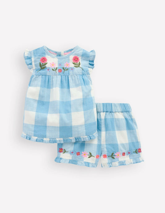Boden Baby Pretty Trim Woven Play Set-Blue Gingham Embroidery