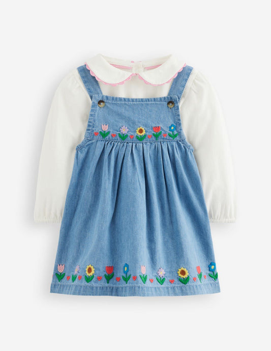 Boden Baby|Sale Embroidered Pinny Dress Set-Chambray Floral Embroidery