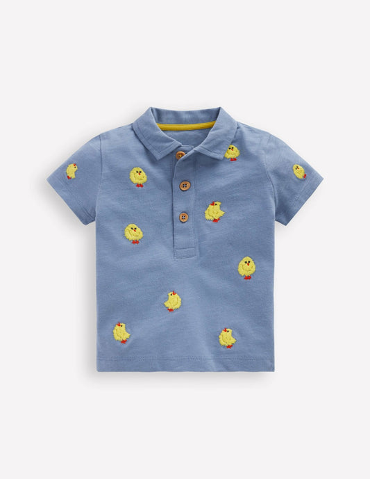 Boden Baby|Sale Embroidered Polo-Light Blue Fluffy Chicks